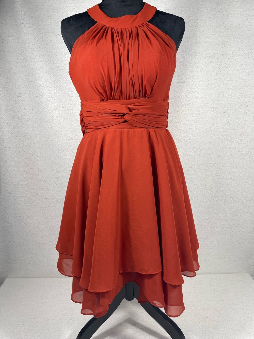 Women’s Orange Solid Chiffon Halter Sleeveless Fit & Flare Lined Dress Sz2.#0537